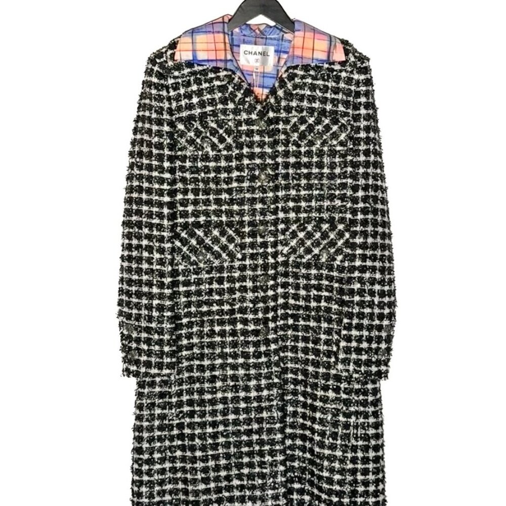 Chanel SS20 Runway Black White Tweed Pink Accent Coat